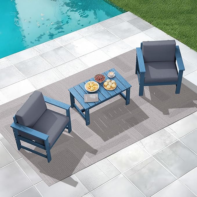 KINGYES 3 Pieces Outdoor Furniture Set, HDPE All Weather Use Conversation Couch, Blue Frame with Grey Cushions