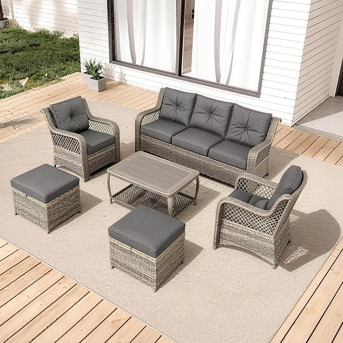 HOMREST 6 Piece Patio Furniture Set, Wicker Outdoor Conversation Sofa Set w/ 2 Ottomans, Storage Coffee Table, Rattan Outdoor Sectional for Deck Backyard Porch (7 Seats, Gray)