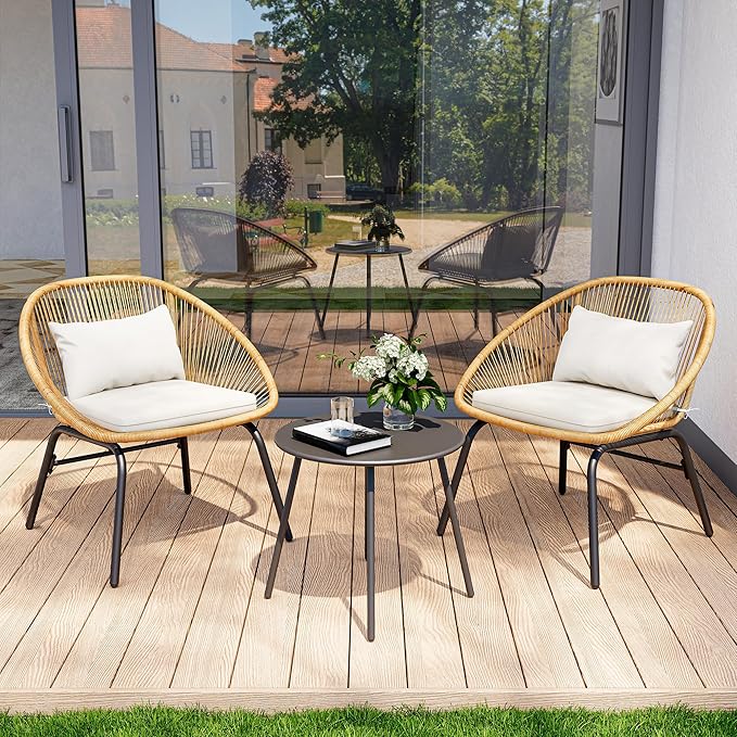 LAUSAINT HOME 3-Piece Outdoor Patio Set, All-Weather Wicker Rattan, Conversation Bistro Set with 2 Deep Seating Chairs & Coffee Table for Garden, Deck, Balcony, Porch, Backyard (Synthetic, Waterproof)