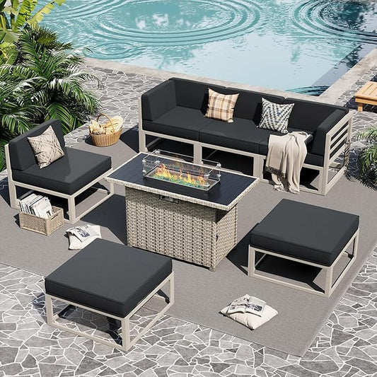 UDPATIO Aluminum Patio Furniture Set with Fire Pit Table, Modular Oversized Outdoor Sectional of Olefin 5 inch Cushion, Coffee Table and Waterproof Cover, Patio Conversation Sets for Porch, Deck