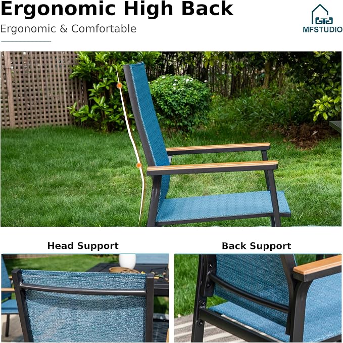 MFSTUDIO 7 PCS Patio Dining Set with 6 Stacking Aluminum Armchair(Blue) and 1 Rectangular Heavy Duty Table