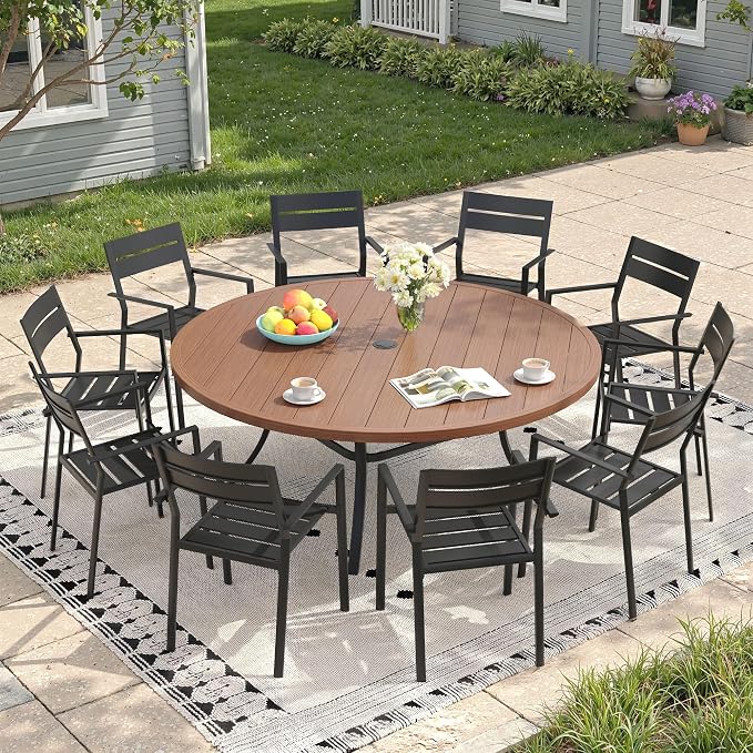 Patio Dining Set for 10, Round 63" Outdoor Dining Table and Chairs Set with Stackable Patio Chairs Outdoor Furniture for Garden Deck Backyard, Walnut Table and Black Chairs