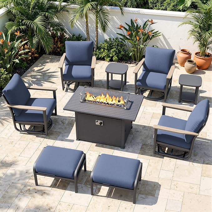 Aluminum Patio Swivel Rocking Chair Outdoor Bistro Set, 9pcs Patio Conversation Set Outdoor Patio Furniture Set with High Backrest & Thickened Cushions for Garden, Deck and Balcony, Navy Blue