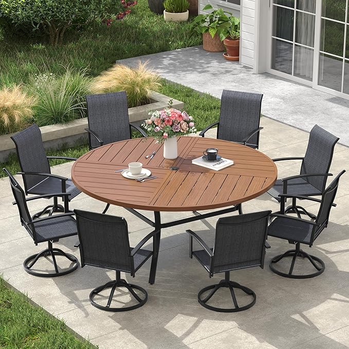 VICLLAX Outdoor Table and Chairs Set for 8, Patio Dining Set of 60 Metal Round Patio Table with Umbrella Hole & 9 Swivel Outdoor Dining Chairs for Backyard Lawn, Charcoal & Walnut
