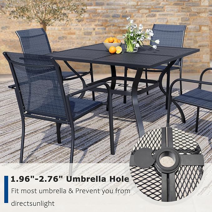 5 Piece Outdoor Dining Set, Patio Table and Chairs Set of 4, 37.5" Black Square Patio Table with 4 Dark Blue Stackable Patio Chairs for Lawn, Garden, Porch