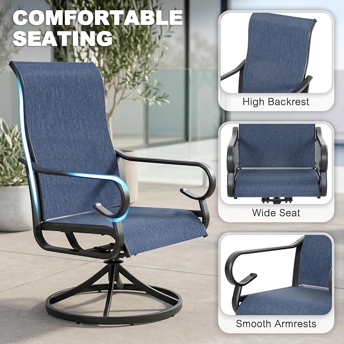 NUU GARDEN 5-Piece Outdoor Dining Set, Metal Swivel Chairs for 4 | All-weather blue patio furniture set for 4. Breathable textilene swivel rockers. Metal table with umbrella hole