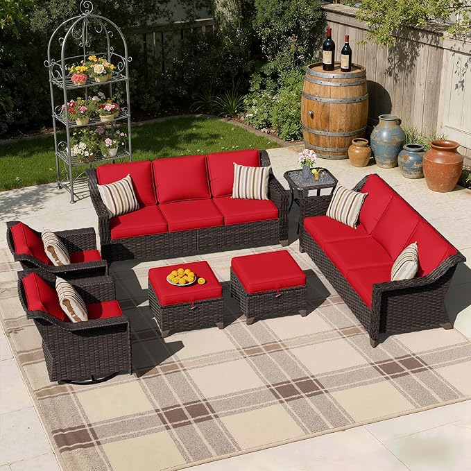 7 Pieces Patio Conversation Furniture Set - 2 Sofas, 2 Ottomans, 2 Swivel Chairs, 1 Side Table, Outdoor Wicker Furniture with Removable Cushions for Porch, Balcony, Sunroom (Red)