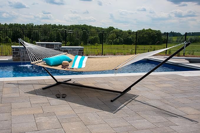 Vivere Quick-Drying Phifertex Fade Resistant Double Poolside Hammock with Spreader Bars (Taupe)