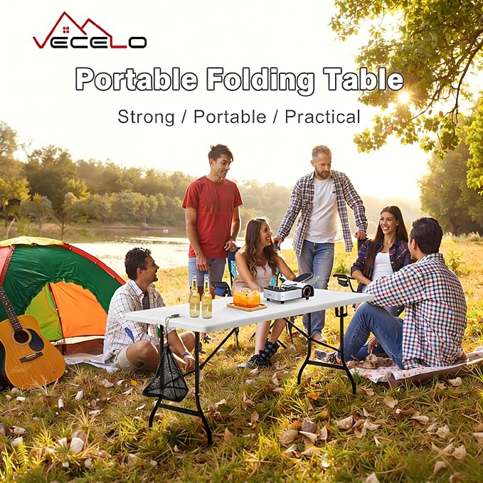 VECELO 6 FT Thick Top Picnic Table with Portable Mesh Bag, Folding Table with Strong Side Support, 500lbs Capacity for Outdoor Camping, Party, Dining - White