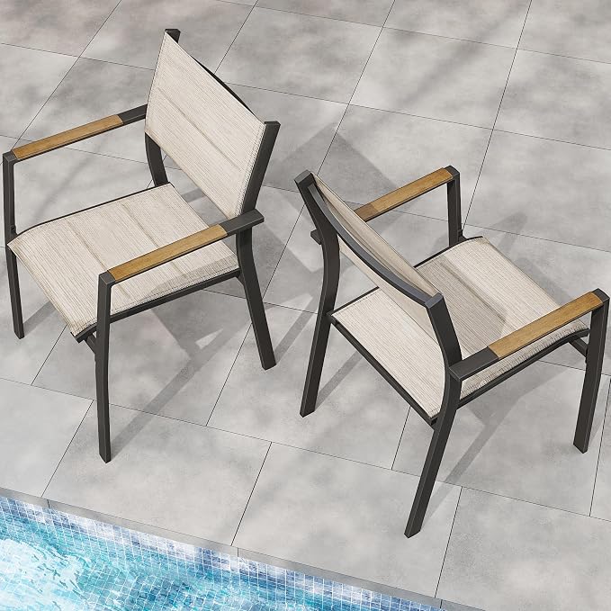 Outdoor Patio Dining Chairs Set of 2, Light Weight Aluminum Frame with Textilene Fabric & Wood-like Armrest, 275 LBS Capacity, Outdoor Stackable Chairs for Poolside Lawn Garden, Brown Armrest