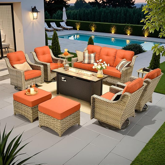 10 PCS Outdoor Patio Furniture Sets, Patio Conversation Sets Outside Rattan Soft Cushion Sofa with 4 Wicker Rocking Chairs & 54 in Fire Pit Table Fit Backyard Porch Garden Poolside Balcony,Orange Red