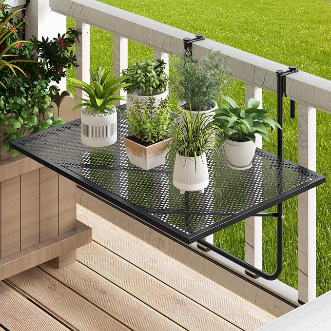 Giantex Balcony Table, Folding Outdoor Side Table for Railings Up to 2.4" Thick, Space-Saving Railing Serving Table with Metal Frame, Foldable Bar Table for Patio, Porch, Deck (24”x20”x20”)