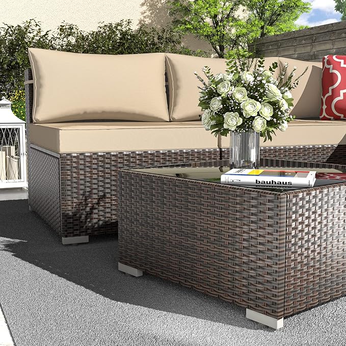 Outdoor Patio Furniture Set 7 Pieces Sectional Rattan Sofa Set, PE Rattan Wicker Patio Conversation Set with 6 Seat Cushions and 1 Tempered Glass Table and Furniture Cover, Brown