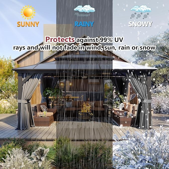 12’x16’ Hardtop Gazebo with Double Polycarbonate Roof, Sturdy Aluminum Frame & Removable Curtains/Netting,Outdoor Metal Shelter Pergola for Garden, Patio, Lawn (Grey)