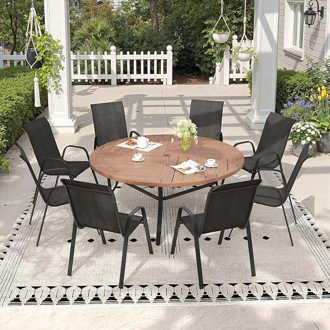 9 Pieces Outdoor Dining Set, 53.1" Spliced Patio Table with Umbrella Hole & Stackable Outdoor Dining Chairs, Patio Furniture Set for Deck Garden Porch, Black Chairs & Walnut Table