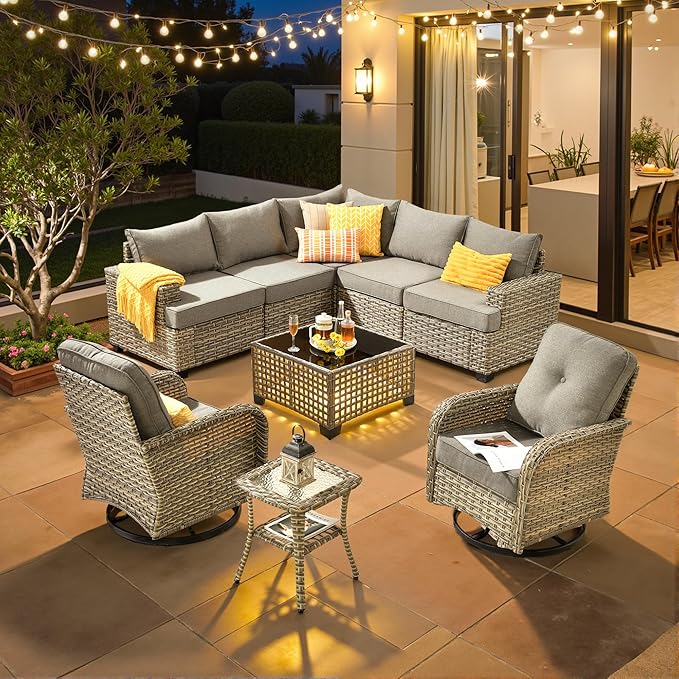 ovios 9 Piece Patio Sectional Furniture with Swivel Rocking Chairs, Rattan Wicker Coversation Couch Set, Outdoor Sofa Set for Outside Porch Balcony Backyard Pool, Dark Grey