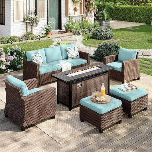 MIXPATIO Patio Furniture Set, 6 Pcs Wicker Rattan Outdoor Conversation Set, 2 x Leg Chairs, 1 x 3 Seater Sofa and 2 x Ottoman with 4" Thick Cushion and 56" Fire Pit Table, Blue