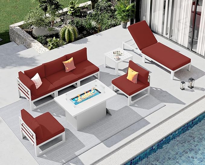 NICESOUL 6 Person Modern Aluminum Outdoor Patio Furniture Set with Chaise & Firepit Table, 29" Wide Deep Seating, All Weather Modular Sectional Couch, Oversized Conversation Set for Poolside Deck, Red