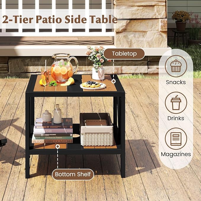 HAPPYGRILL Outdoor Side Table with Umbrella Hole 1.57”, 2-Tier Coffee Bistro End Table Umbrella Stand with Storage Shelf, for Backyard Poolside Garden (2)