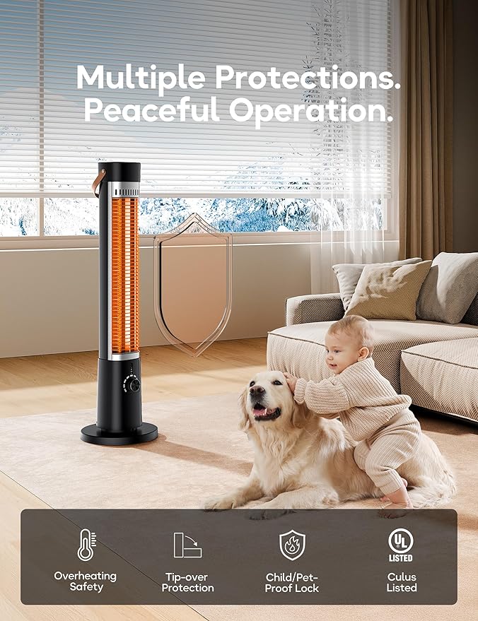 Patio Heater for Outdoor Use, Infrared Electric Outdoor Heater, 1500W Instant Heating, 60-Degree Oscillation, 9 Heat Levels, 9H Timer, Remote, for Garage, Backyard, Large Room, Indoor, 32.2", Black
