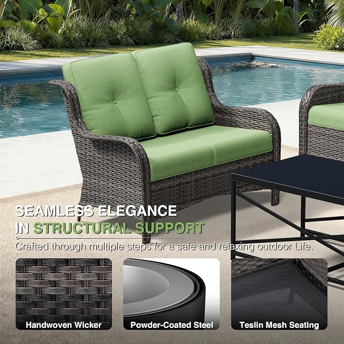 Joyside 5 Piece Wicker Patio Furniture Set, Outdoor Swivel Rocker Patio Chairs with High Back, Deep Seating, Wide Armrest, Thickened Cushions, Outdoor Furniture for Deck, Porch Use