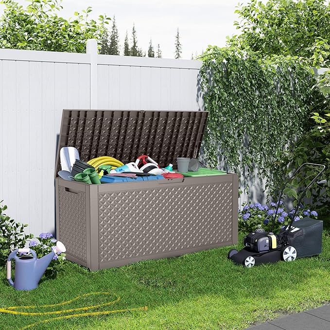 Deck Box Large Outdoor Storage for Patio Furniture,Outdoor Cushions,Garden Tools and Pool Supplies,Waterproof,Resin,Lockable (Grey, 110 Gallon)