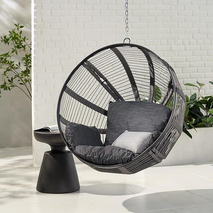 Christopher Knight Home Solis Patio Hanging Chair with 8ft Chain, Round Basket Shape, Rope Weave Hammock, Hanging Reading Sofa, Swing Chairs with Cushion 250lbs for Garden Balcony Yard, Black