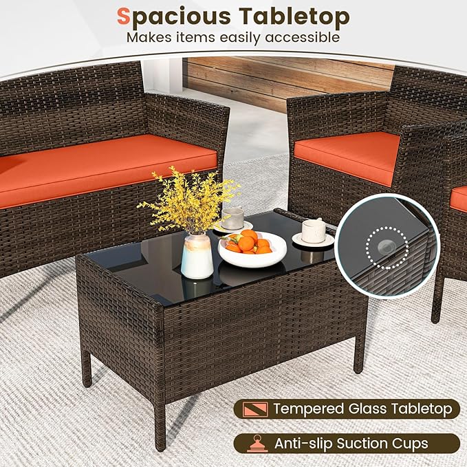 DORTALA 4-Piece Rattan Patio Furniture Set, Outdoor Table & Chair Set with Tempered Glass Coffee Table, Cushion, Wicker Conversation Set for Garden, Lawn, Poolside and Backyard, Orange