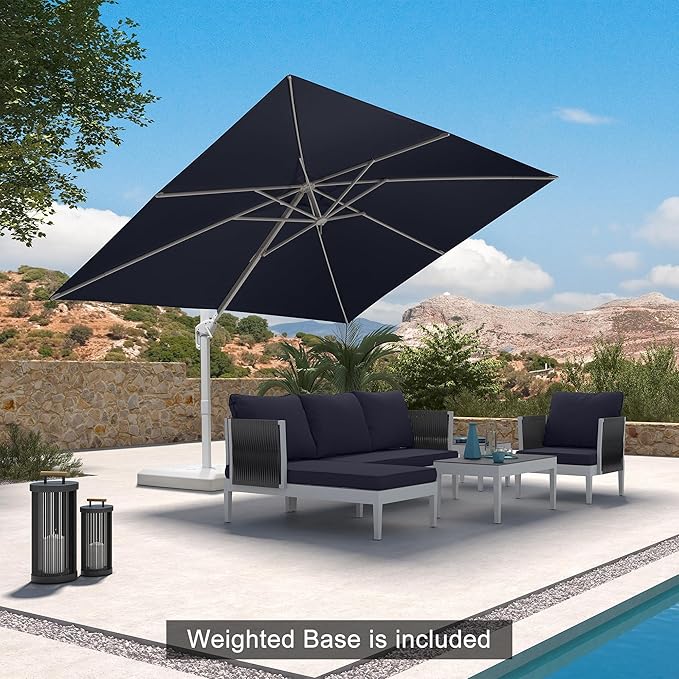 PURPLE LEAF 9' × 11.5' Patio Umbrella With Base White Cantilever Umbrella Square Outdoor Offset Umbrella Windproof with 360° Rotation for Garden Deck Pool, Navy Blue
