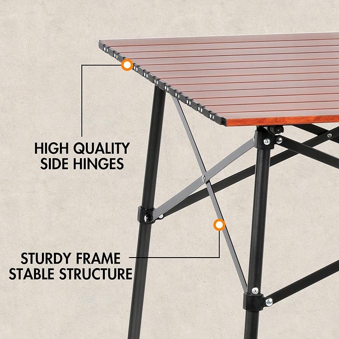 Portal Lightweight Aluminum Folding Square Table Roll Up Top 4 People Compact Table with Carry Bag for Camping, Picnic, Backyards, BBQ, Brown