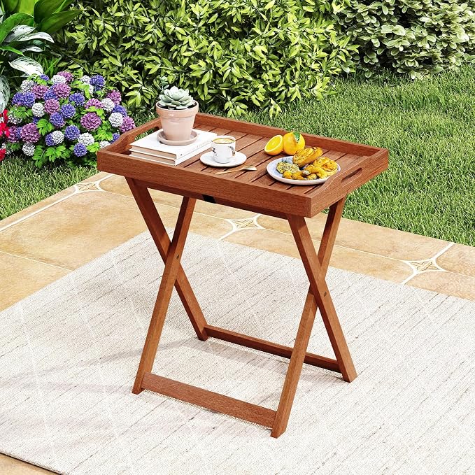 Giantex Outdoor Side Table, Wooden Folding Table with Removable Tray Top, Food Serving Tray with Stand for Patio, Porch, Garden, Backyard & Poolside