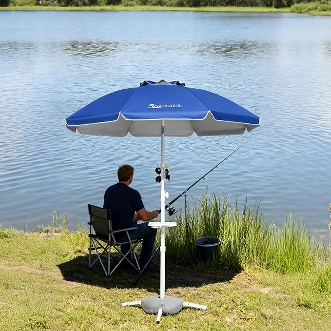 Seazul 6.5ft Sun Shade Umbrella, Portable Umbrella with Stand for Sports, Water Weight Bag, Adjustable and Lightweight, Sun Protection, Royal Blue