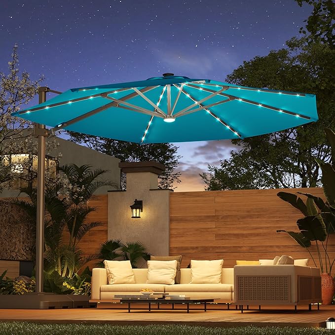 FLAME&SHADE 11ft Cantilever Patio Umbrella with Base, Round Offset Umbrella with Solar Light Strips, Large Heavy Duty Outdoor Aluminum 360° Rotation,for Deck,Pool,Backyard