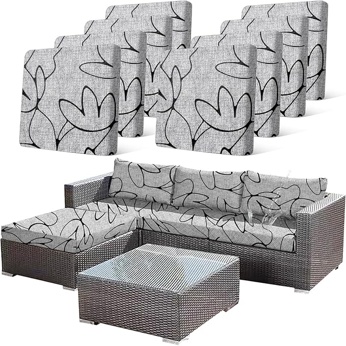 CALBODE 8PCS Waterproof Patio Sofa Covers with Elastic Floral Printed Stretch Outdoor Cushion Seat Covers Set of 8 Wicker Chair Washable Replacement(Grey,Cushions Not Included)