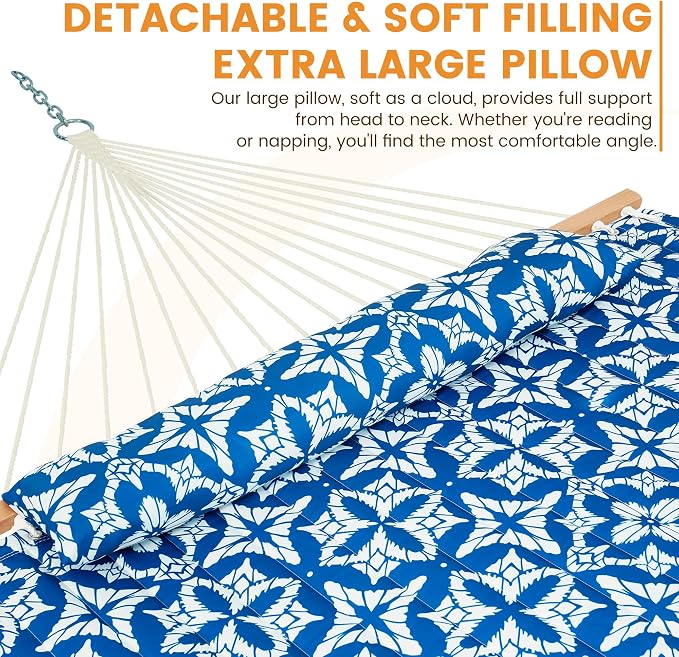 Lazy Daze Hammocks 12FT Quilted Fabric Hammock with Soft Pillow, Double 2 Person Tree Hammock with Spreader Bar for Outside Patio Poolside Backyard Beach, 450lbs Capacity