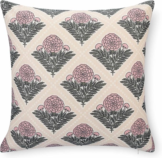 Crumbs Home Modern Farmhouse California Casual Indoor Outdoor Throw Pillow Cover, 20"x20" Water Repellent for Patio, Backyard, Couch, Earth Tone Dark Rose Tan Block Print Vintage Hydrangea Flowers