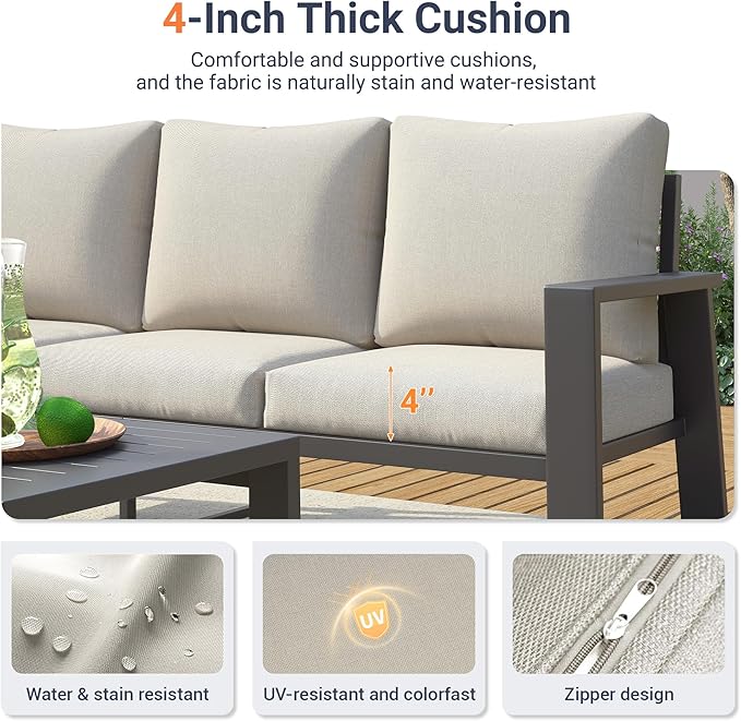 UDPATIO 4 Pieces Aluminum Patio Furniture Set Outdoor Metal Conversation Sofa Seating Set with Coffee Table for Garden Backyard, Beige