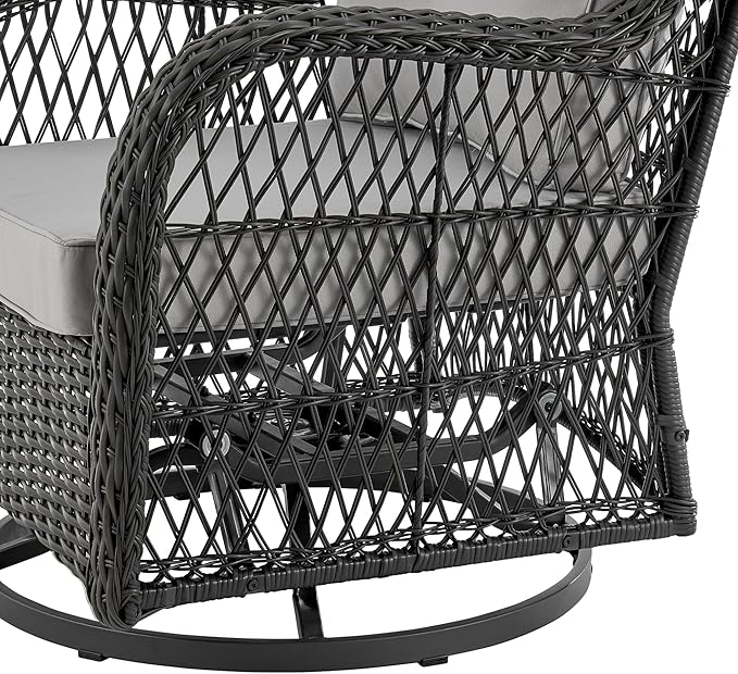 Manhattan Comfort Fruttuo 3-Piece Patio Conversation Set, Swivel Steel Rattan Chairs with Removable Cushions & Tempered Glass End Table, Weather-Resistant Outdoor Furniture for Backyard & Porch, Grey