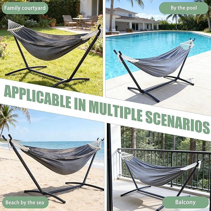 Free Standing Hammock with Stand, 550lbs Capacity - Anti-Flip Curved Spreader Bars - Premium Cotton Portable Hammock for Deck, Porch, Garden - Easy Assembly with Carrying Bag, Heather Gray