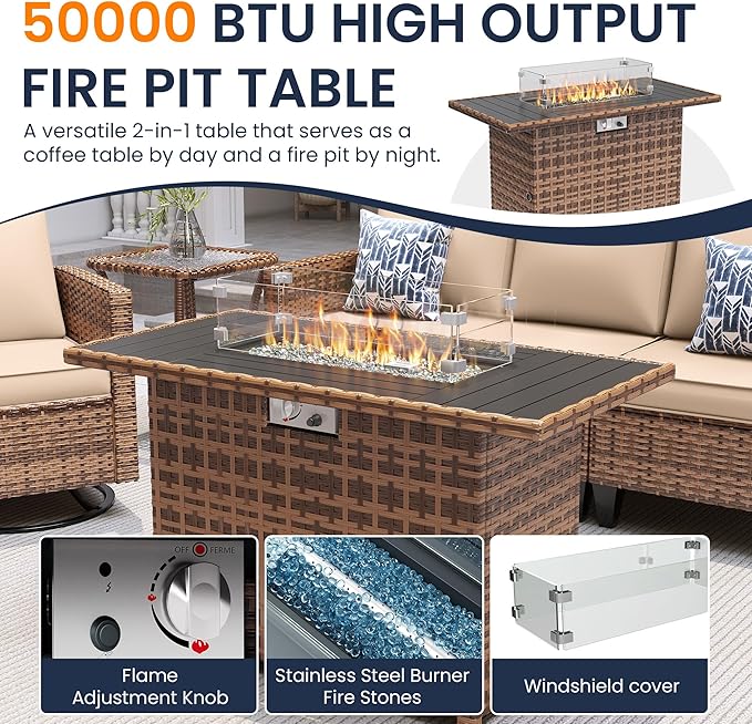 UDPATIO 10 Piece Aluminum Patio Furniture Set with Wicker Fire Pit Table,Mordern Outdoor Furniture Set with Water-Proof Cover Included, Dark Grey