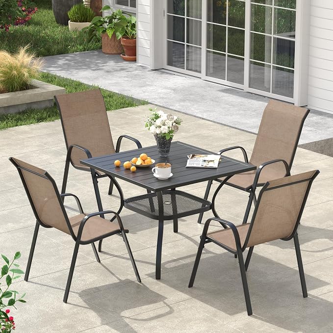 VICLLAX Square Patio Dining Set for 4, Metal Slatted Patio Table with Umbrella Hole and Stackable Patio Chairs for Deck Lawn Garden, Brown Fabric and Black Tabletop
