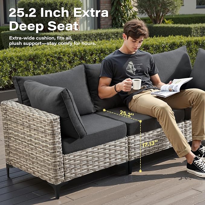 6 Pieces Patio Furniture Set with 42" Fire Pit, All-Weather Rattan Outdoor Sectional Conversation Sets L Shaped Sofas with Solar Light Coffee Table for Porch Balcony Backyard Black
