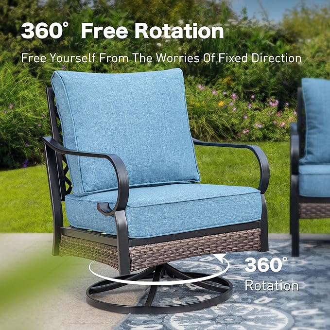 5 PCS Metal Outdoor Patio Furniture Set, Patio Conversation Sets 1 3-Seater Sofa, 2 Swivel Chairs with 5.75" Extra Thick Cushion & Coffee Table, Black Backyard Furniture, Denim Blue