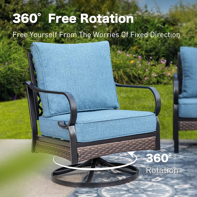 SUNSHINE VALLEY 6 Piece Metal Outdoor Patio Furniture Set, Patio Conversation Set with Swivel Chair and 5.75" Thick Cushion & Coffee Tabl, Outdoor Seating Black Frame Backyard Furniture, Denim Blue