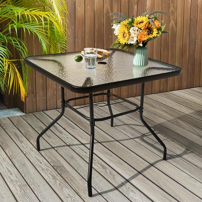 NUU GARDEN 31.5" Square Patio DiningTable, Patio Table with Umbrella Hole, Patio Dining Table with Tempered Glass, Outdoor Dining Tables, Square Patio Table for Balcony,Black