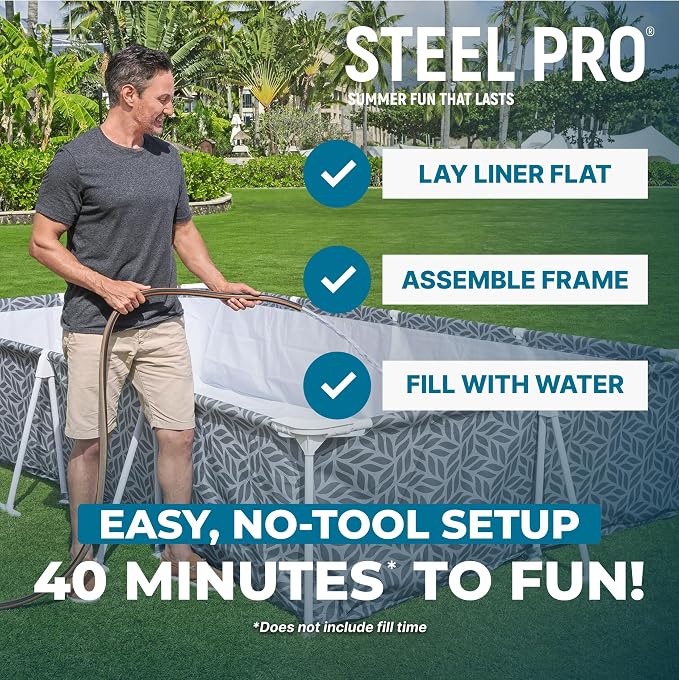 Bestway Steel Pro 12' x 6' 7" x 26" Rectangle Above Ground Outdoor Swimming Pool Set with DuraPlus Liner and FrameLink System, Gray