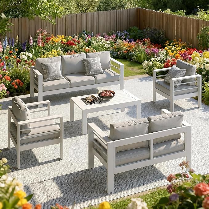 Outdoor Conversation Sets, Aluminum Patio Couch with Outdoor Coffee Table, All-Weather Metal Patio Couch with 5" Thick and Soft Cushion and Wide Arm, Outdoor Sofa Sets for Balcony, Porch, White