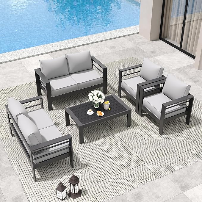 Amopatio Aluminum Patio Furniture Set, 7 Pieces Modern Patio Conversation Sets, Outdoor Sectional Metal Sofa with Coffee Table for Balcony, Garden, Dark Grey&Light Grey (Included Waterproof Covers)