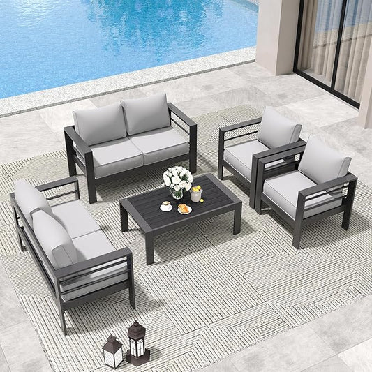 Amopatio Aluminum Patio Furniture Set, 7 Pieces Modern Patio Conversation Sets, Outdoor Sectional Metal Sofa with Coffee Table for Balcony, Garden, Dark Grey&Light Grey (Included Waterproof Covers)