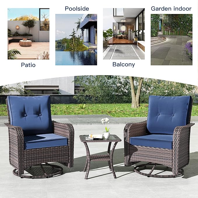 Kullavik 3 Pieces Patio Furniture Set,Outdoor Swivel Glider Rocking Chairs Set,Front Porch Furniture Patio Conversation Sets with Side Table for Balcony Deck Backyard,Navy Blue